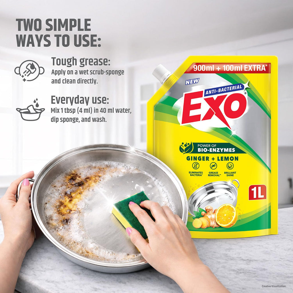 Exo Dishwash Liquid Refill Pack | Ginger & Lemon | Tough Grease Removal for Utensils | Anti-Bacterial Dishwashing Liquid | Bio-Enzyme Liquid Dishwash | No Residue Cleaning - 1L