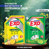 Exo Dishwash Liquid Refill Pack | Ginger & Lemon | Tough Grease Removal for Utensils | Anti-Bacterial Dishwashing Liquid | Bio-Enzyme Liquid Dishwash | No Residue Cleaning - 1L
