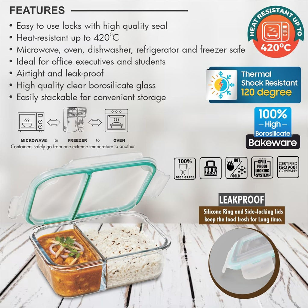 SIGNORA WARE Slim Borosilicate Glass Two Compartment Lunch box (600 ml)