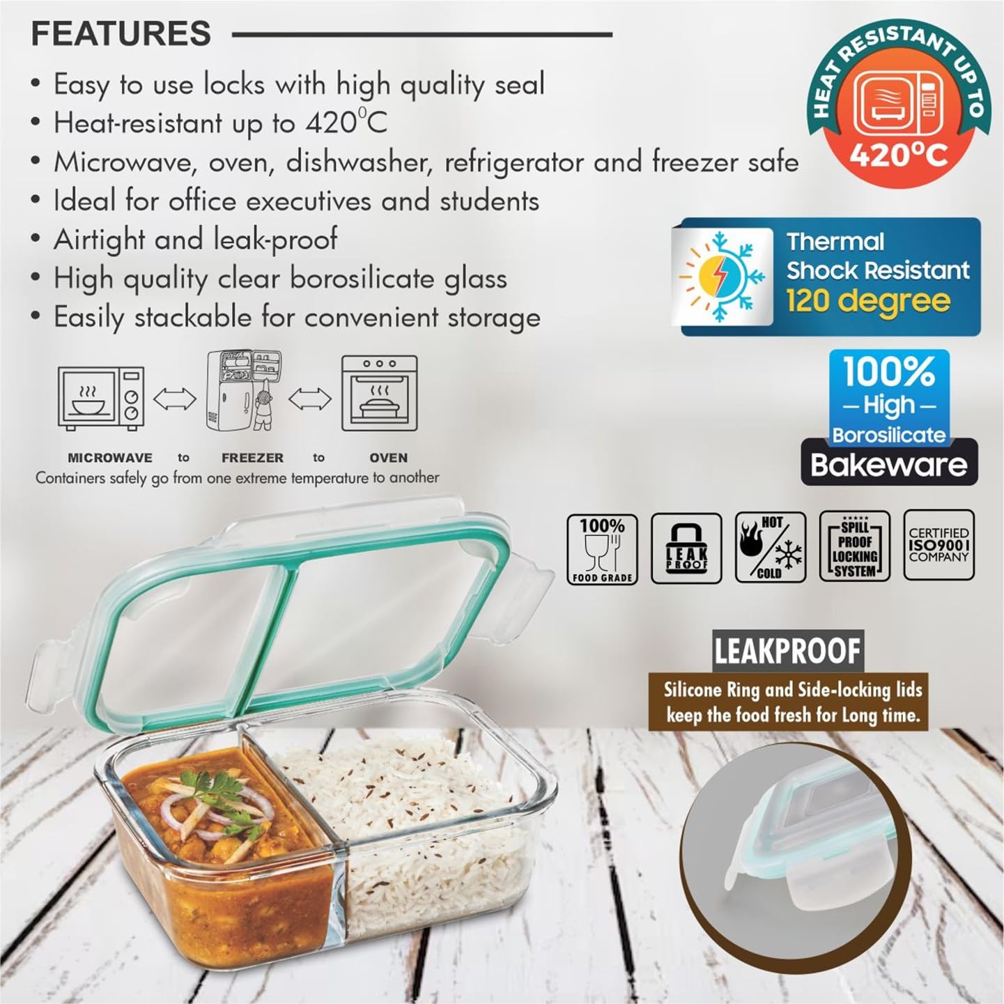 SIGNORA WARE Slim Borosilicate Glass Two Compartment Lunch box (600 ml)