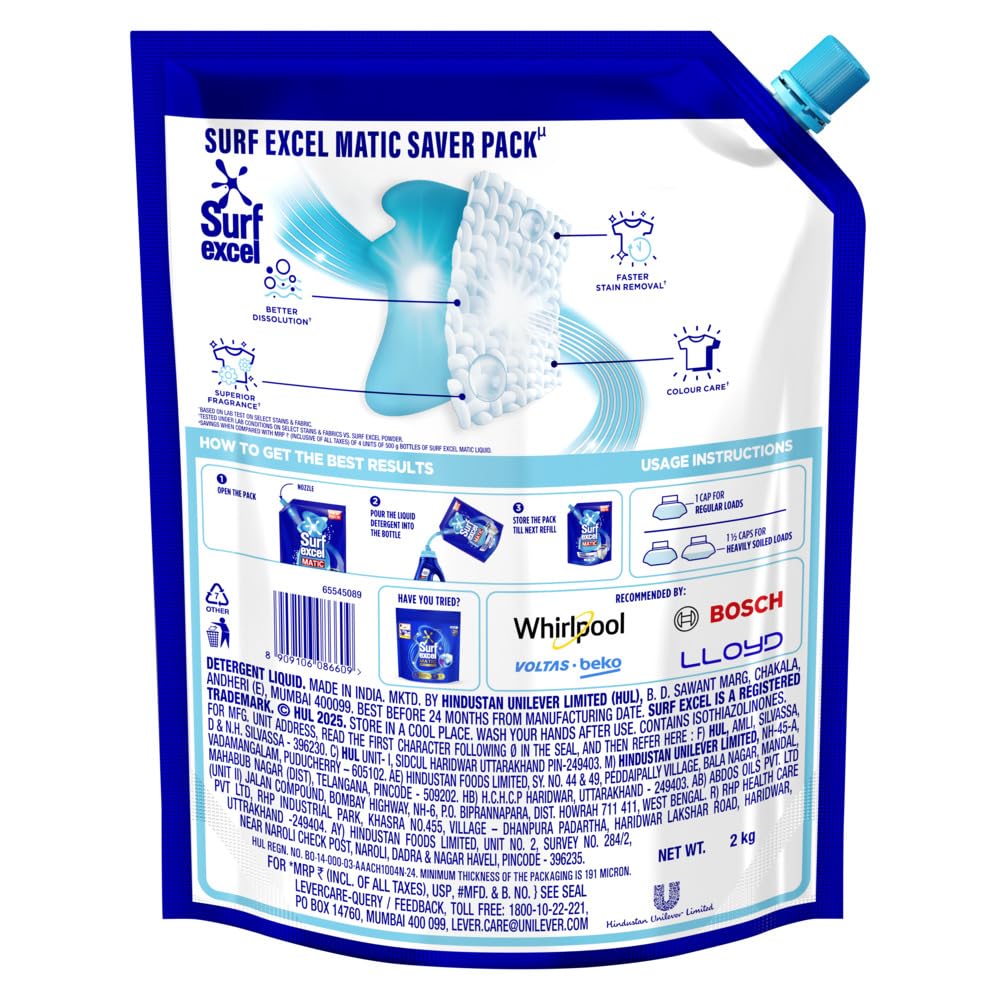 Surf Excel Matic Top Load Liquid Detergent 2 kg Refill