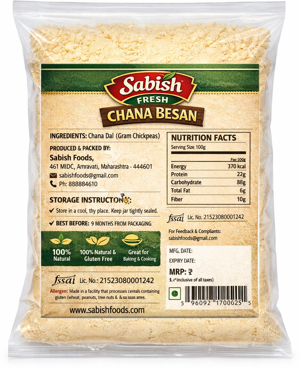 SABISH Fresh Chana Besan 1kg | PET Jar with Free Spoon (1 kg)
