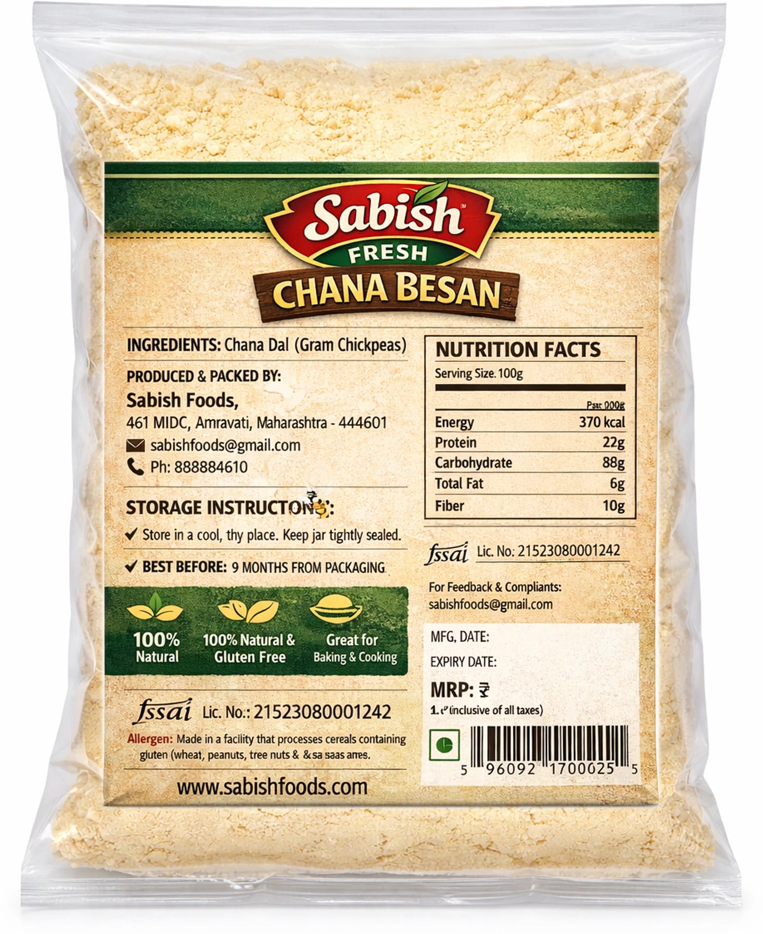 SABISH Fresh Chana Besan 1kg | PET Jar with Free Spoon (1 kg)