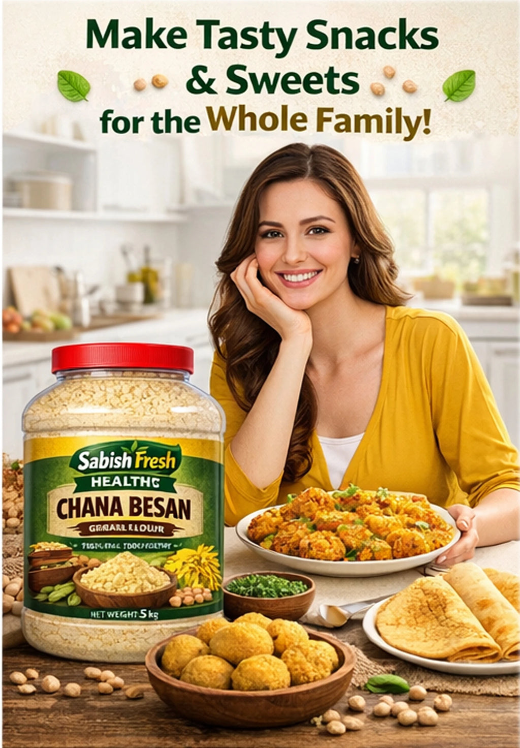 SABISH Fresh Chana Besan 1kg | PET Jar with Free Spoon (1 kg)