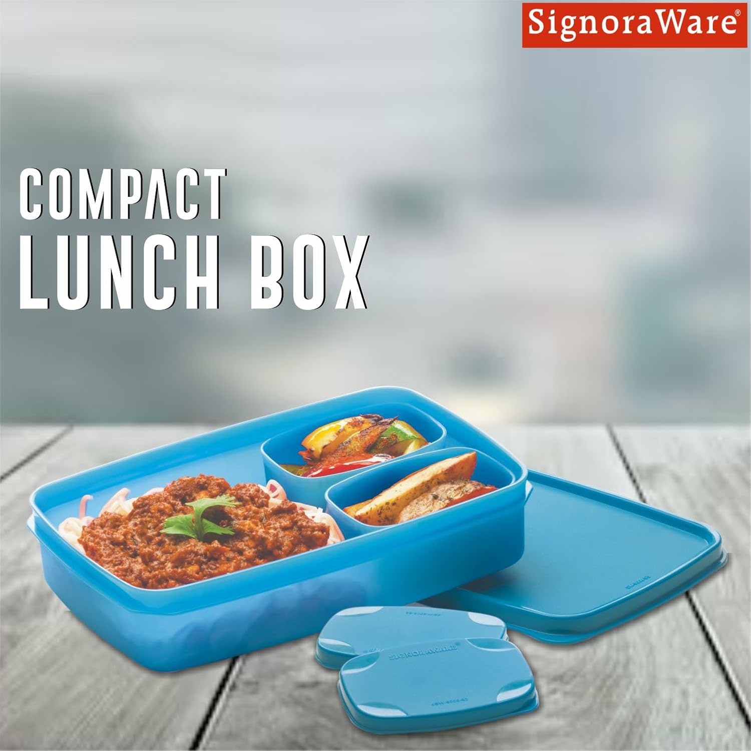 SignoraWare Compact BPA Free Plastic Square Lunch Box (850ml + 100ml + 100ml | Blue)