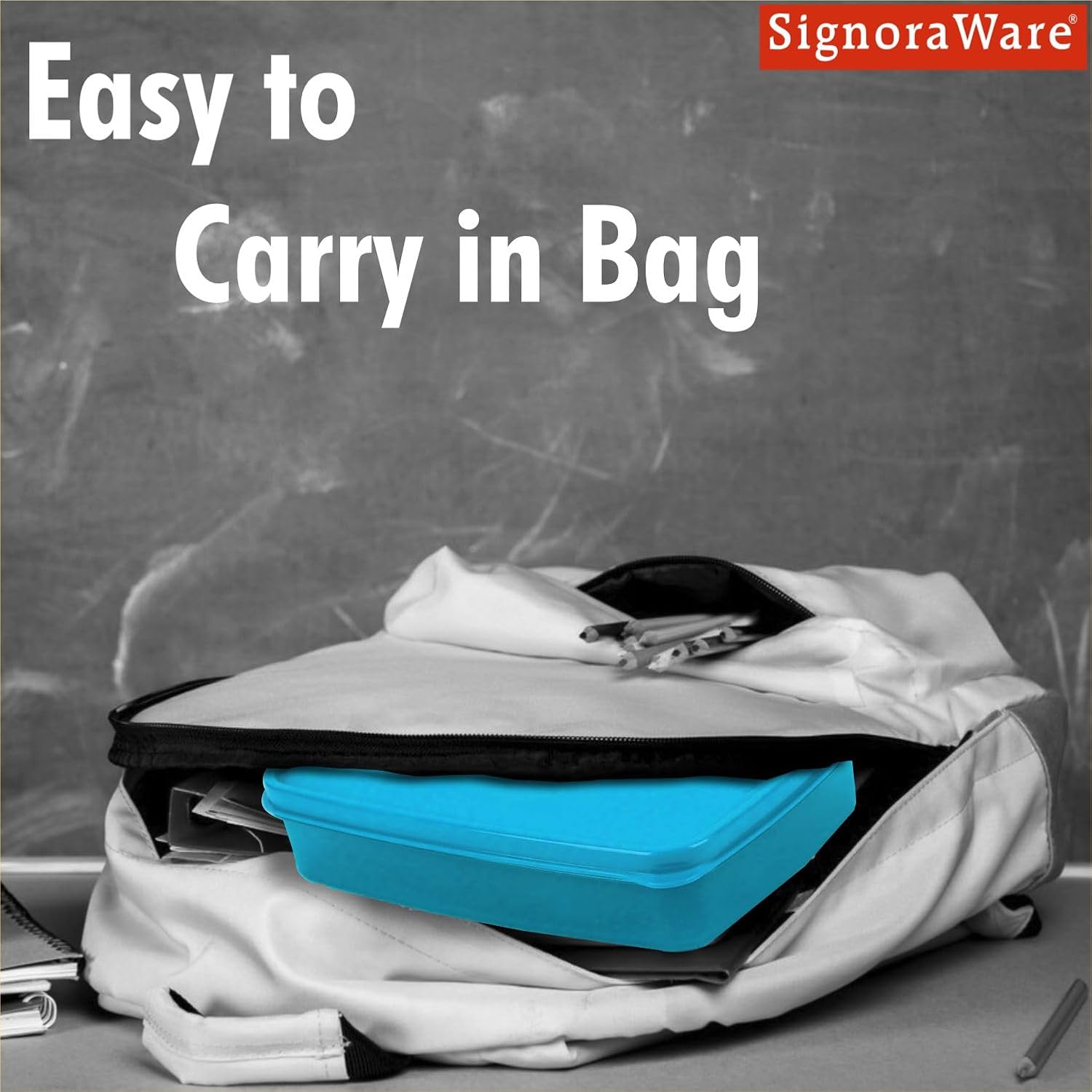 SignoraWare Compact BPA Free Plastic Square Lunch Box (850ml + 100ml + 100ml | Blue)