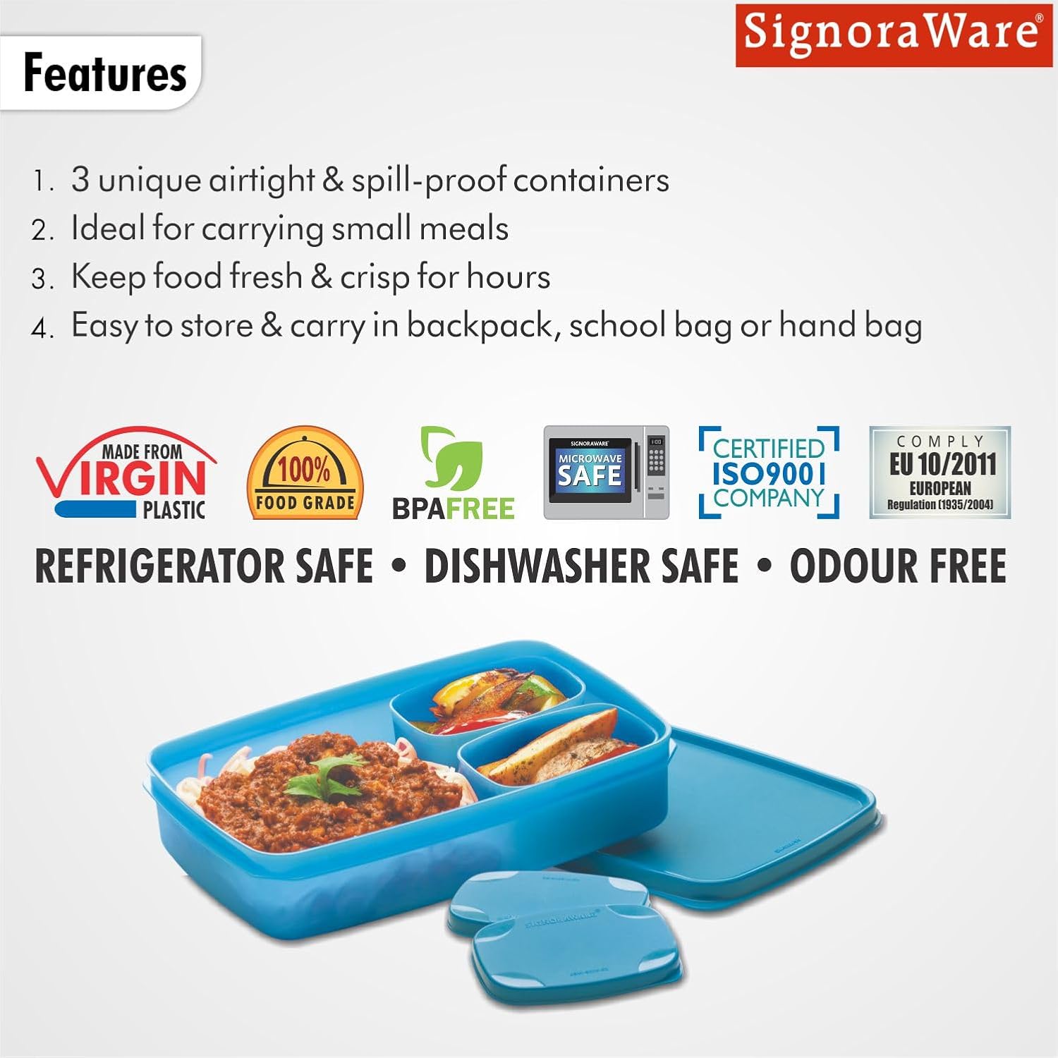 SignoraWare Compact BPA Free Plastic Square Lunch Box (850ml + 100ml + 100ml | Blue)