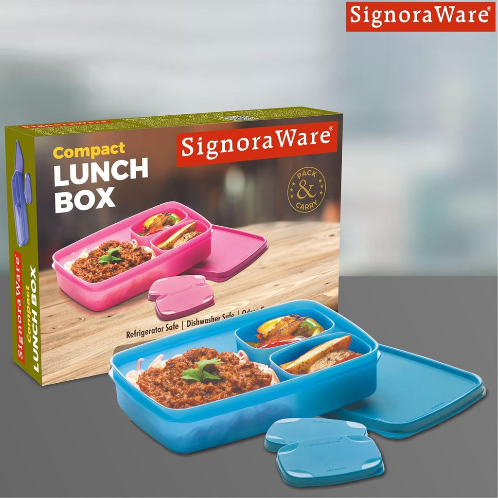 SignoraWare Compact BPA Free Plastic Square Lunch Box (850ml + 100ml + 100ml | Blue)