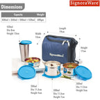 SignoraWare Stainless Steel Lunch Box with Bag (200ml+350ml+500ml+370ml | Blue)