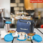 SignoraWare Stainless Steel Lunch Box with Bag (200ml+350ml+500ml+370ml | Blue)