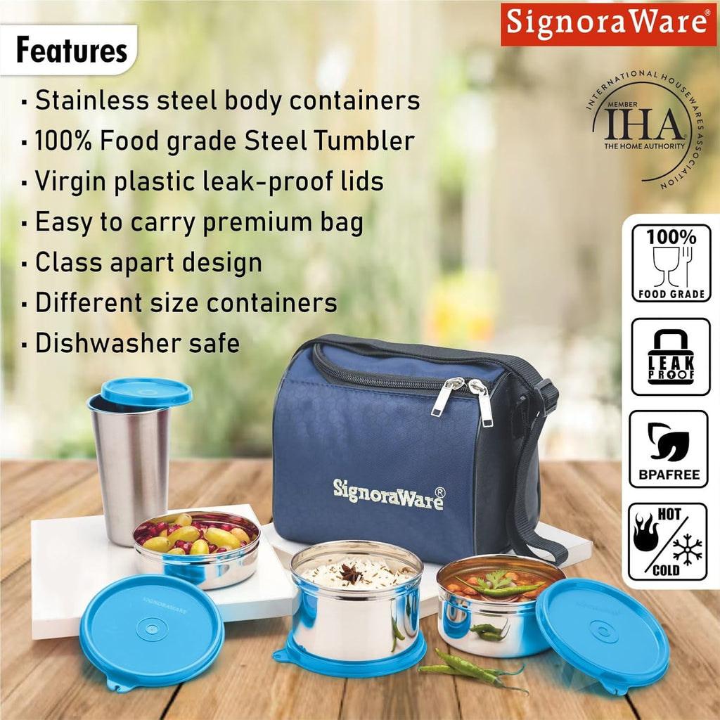 SignoraWare Stainless Steel Lunch Box with Bag (200ml+350ml+500ml+370ml | Blue)