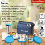 SignoraWare Stainless Steel Lunch Box with Bag (200ml+350ml+500ml+370ml | Blue)