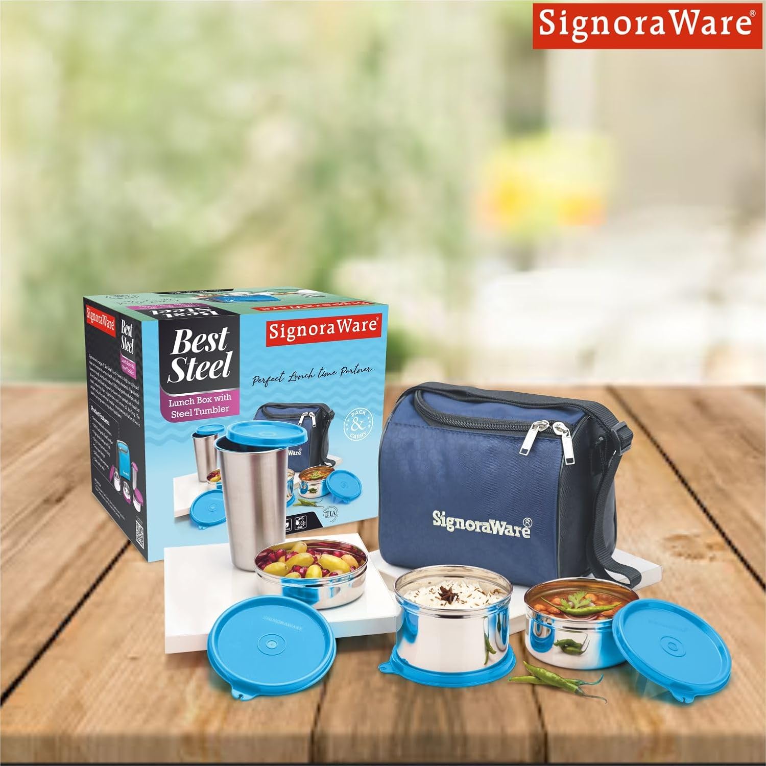 SignoraWare Stainless Steel Lunch Box with Bag (200ml+350ml+500ml+370ml | Blue)