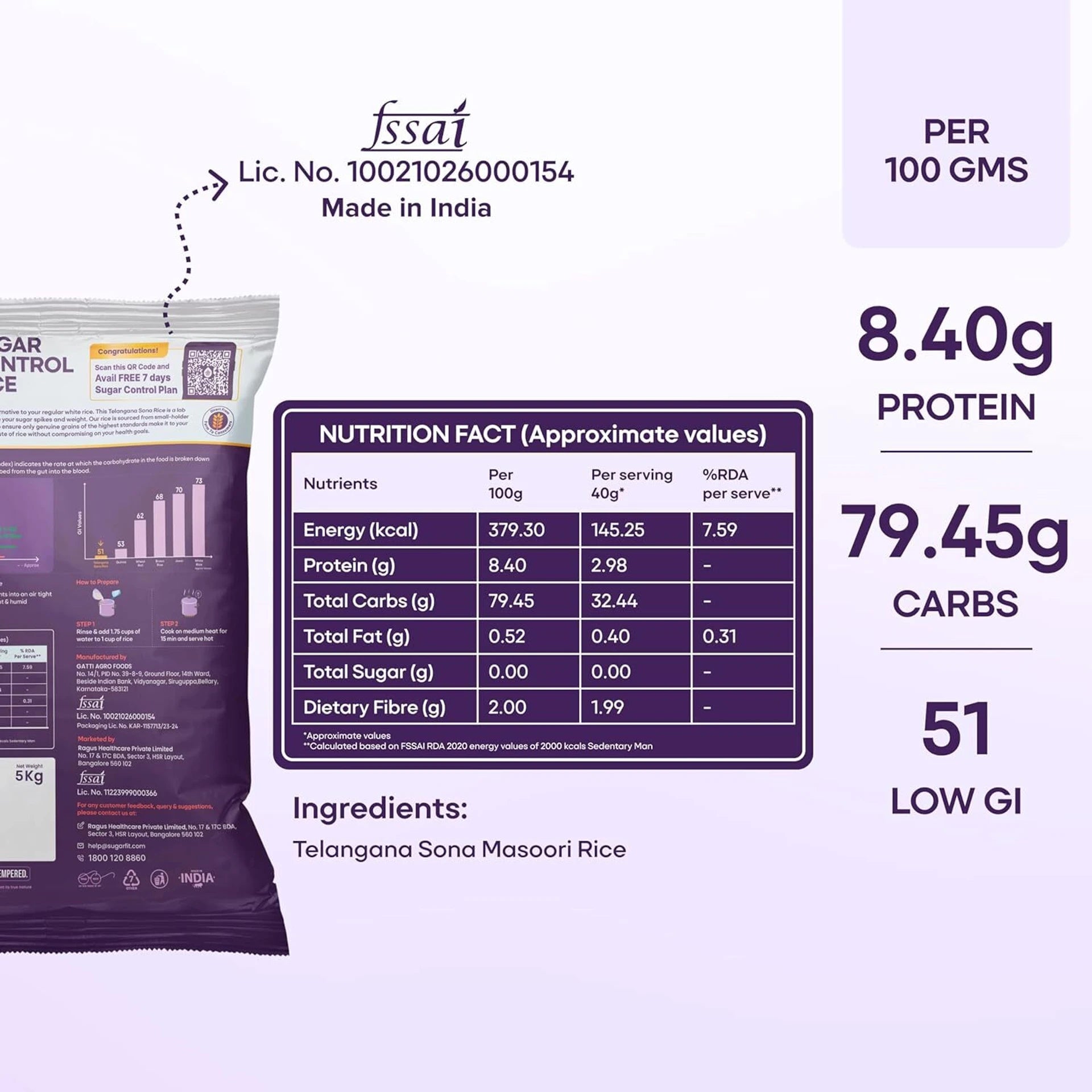 Sugar.fit Sugar Control Low GI Sona Masoori Rice | Whole Grain |Supports Weight & Diabetes Sona Masoori Rice (Full Grain, Unpolished) (1 kg)