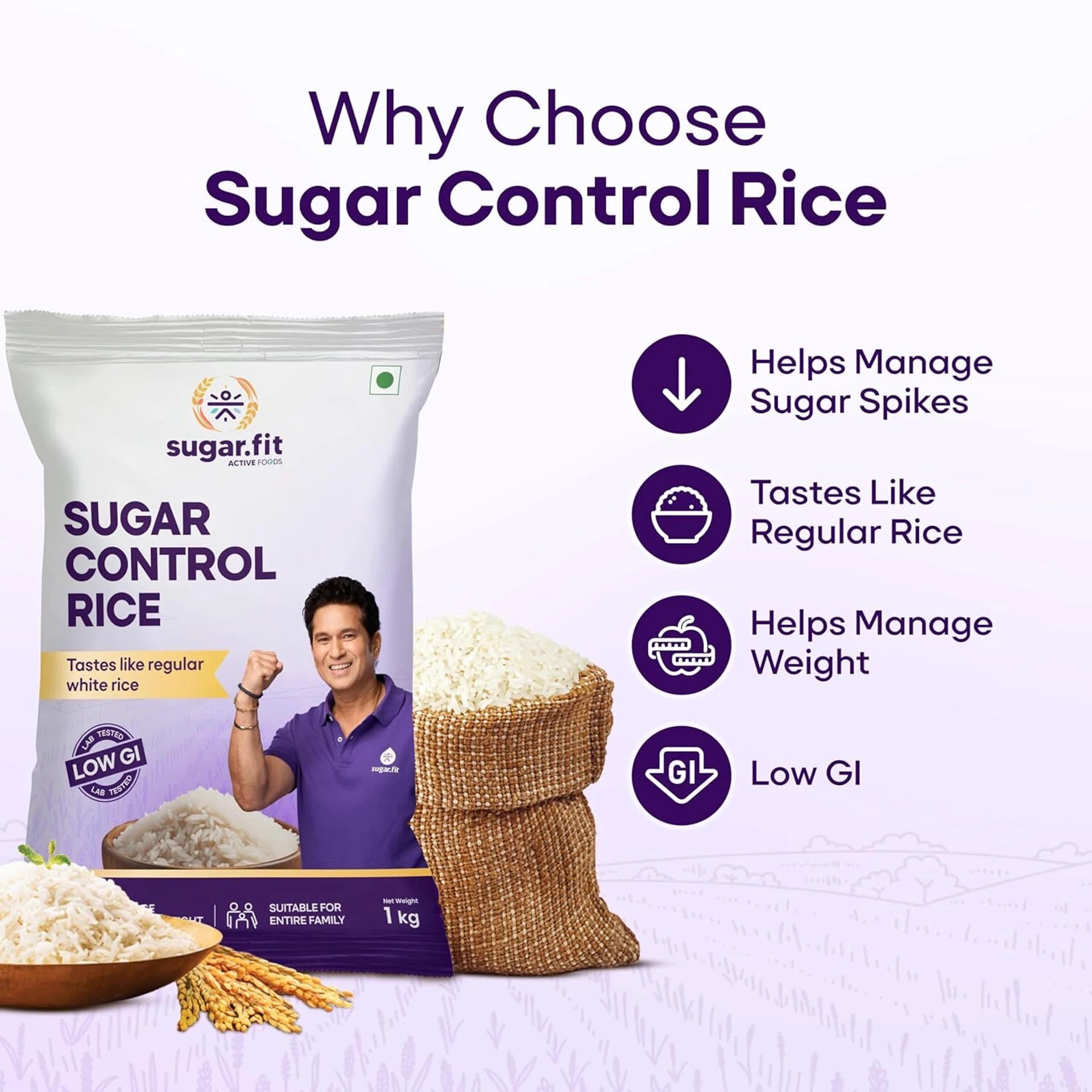 Sugar.fit Sugar Control Low GI Sona Masoori Rice | Whole Grain |Supports Weight & Diabetes Sona Masoori Rice (Full Grain, Unpolished) (1 kg)