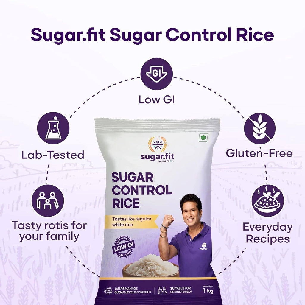 Sugar.fit Sugar Control Low GI Sona Masoori Rice | Whole Grain |Supports Weight & Diabetes Sona Masoori Rice (Full Grain, Unpolished) (1 kg)