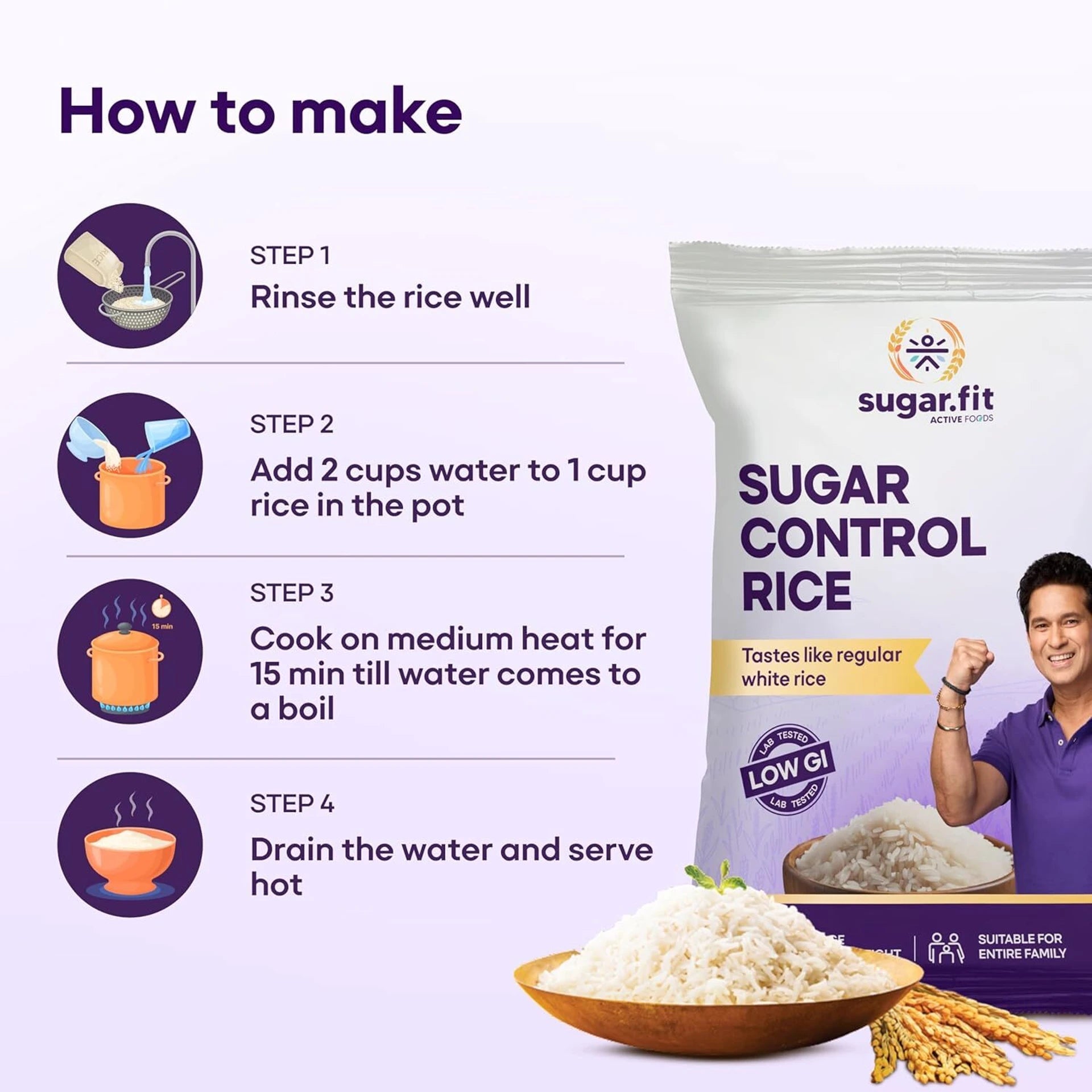 Sugar.fit Sugar Control Low GI Sona Masoori Rice | Whole Grain |Supports Weight & Diabetes Sona Masoori Rice (Full Grain, Unpolished) (1 kg)