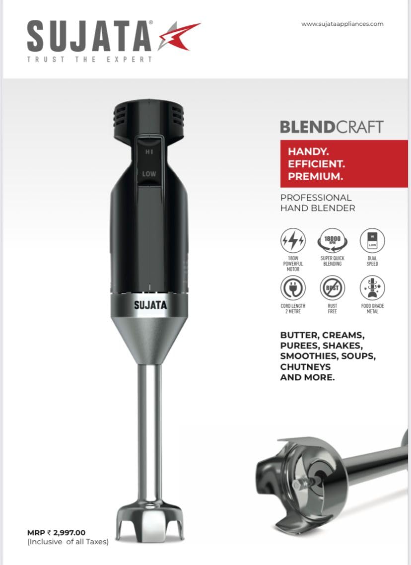 Sujata Blendcraft Hand Blender|180 Watts Motor|18000 RPM|2 Speed Toggle Action Switch|Super Quick Blending| (Black)