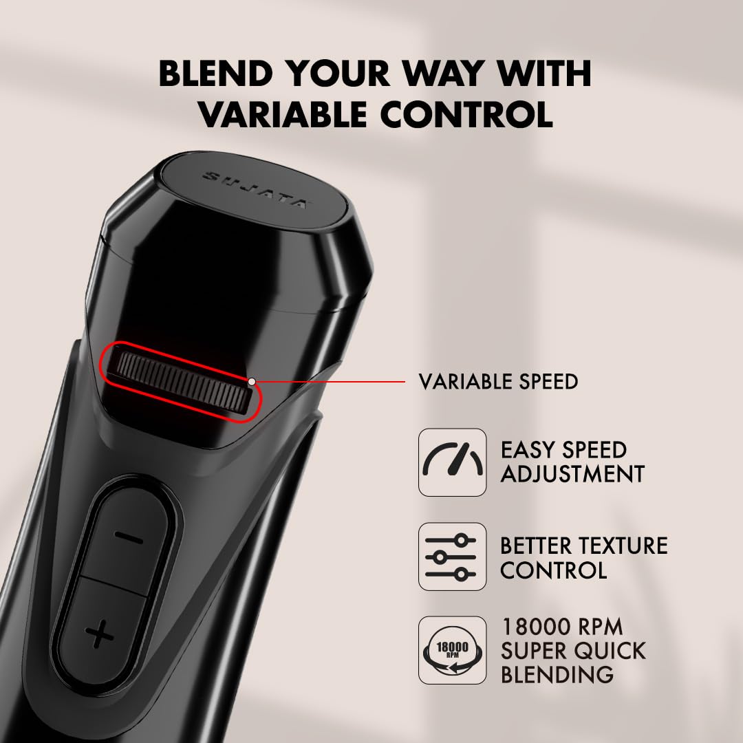 Sujata Blendstick Hand Blender | 600W Heavy Duty Motor | Variable Speed Control 18000 RPM Black