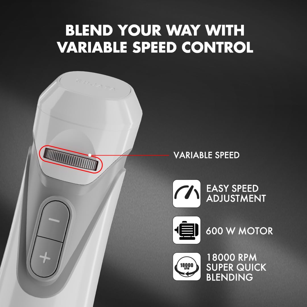 Sujata Blendstick Hand Blender | 600W Heavy Duty Motor | Variable Speed Control 18000 RPM White