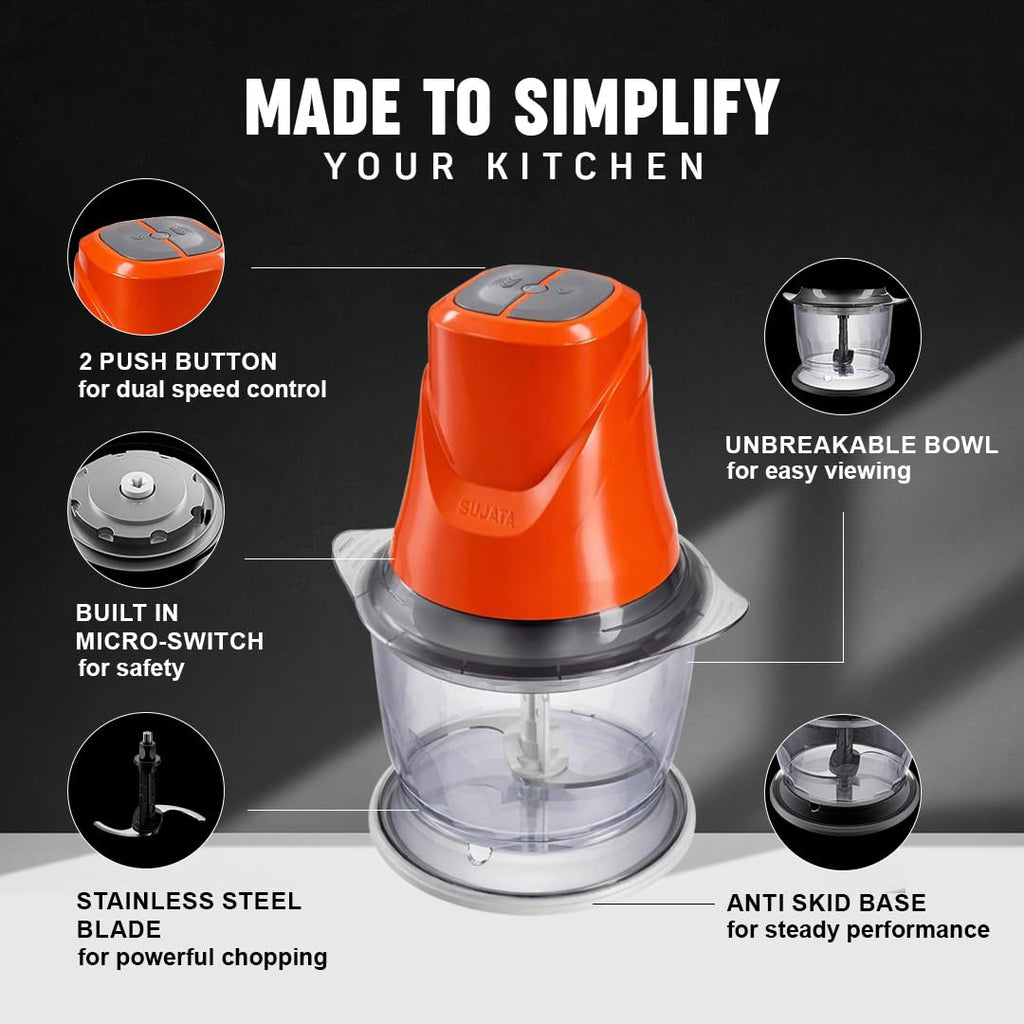 Sujata Chopcraft Electric Chopper 900ml, Vegetable Chopper for Kitchen 3200RPM (orange)