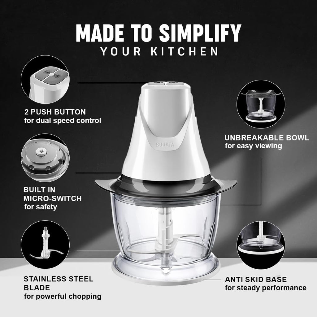 Sujata Chopcraft Electric Chopper 900ml, Vegetable Chopper for Kitchen 3200RPM (White)