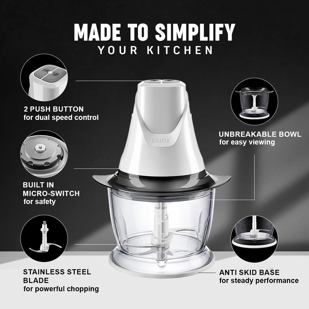Sujata Chopcraft Electric Chopper 900ml, Vegetable Chopper for Kitchen 3200RPM (White)