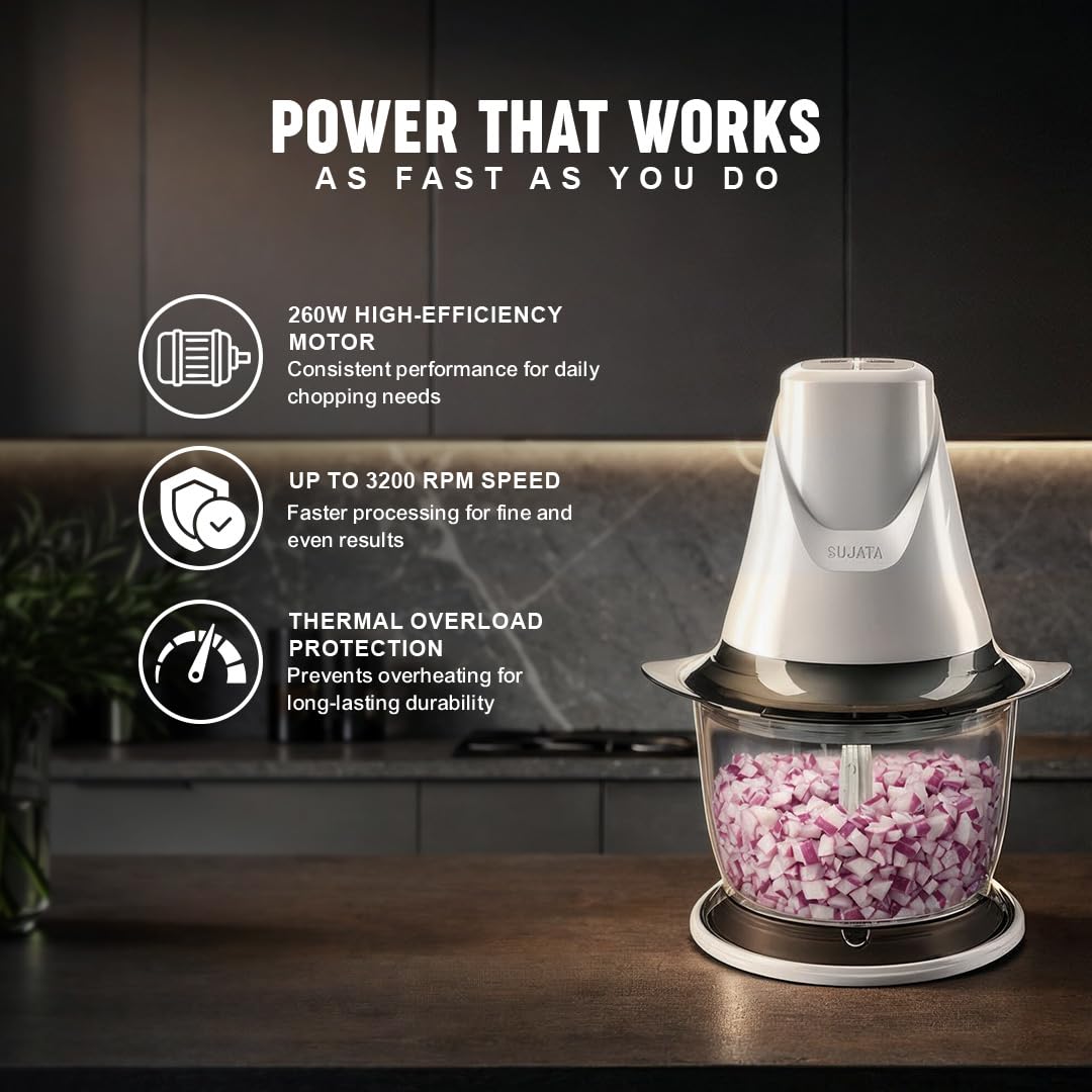 Sujata Chopcraft Electric Chopper 900ml, Vegetable Chopper for Kitchen 3200RPM (White)