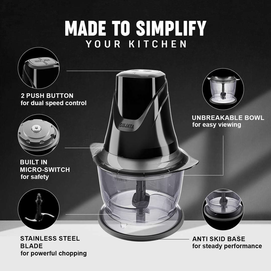 Sujata Chopcraft Electric Chopper 900ml, Vegetable Chopper for Kitchen 3200RPM(Black)