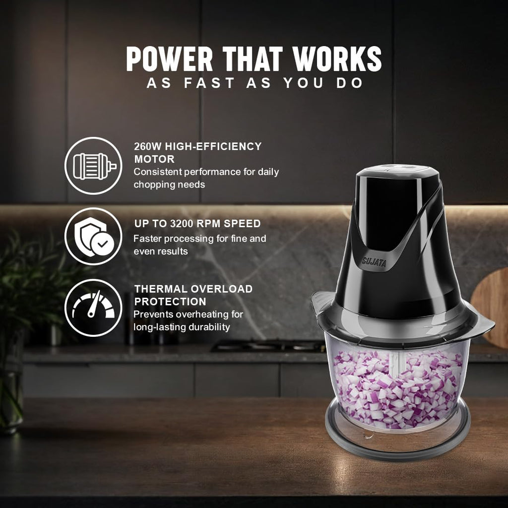 Sujata Chopcraft Electric Chopper 900ml, Vegetable Chopper for Kitchen 3200RPM(Black)