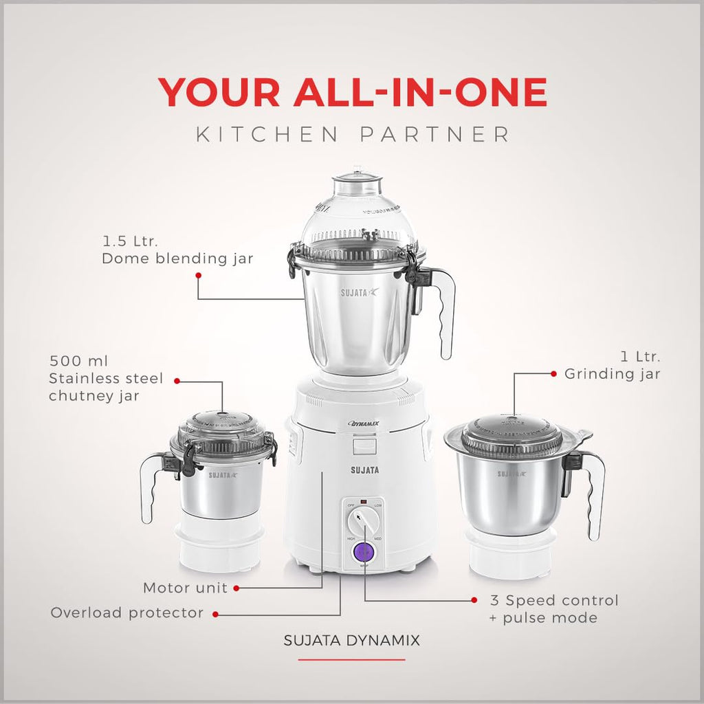 Sujata Dynamix 900 Watts Mixer Grinder 3 Versatile Jars 1500 ml, 1000 ml and 500 ml (White)