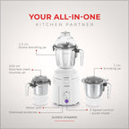 Sujata Dynamix 900 Watts Mixer Grinder 3 Versatile Jars 1500 ml, 1000 ml and 500 ml (White)