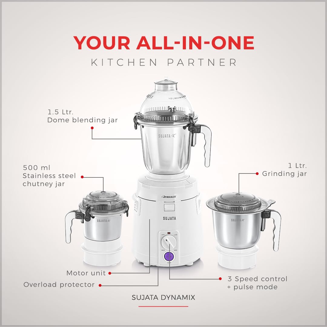 Sujata Dynamix 900 Watts Mixer Grinder 3 Versatile Jars 1500 ml, 1000 ml and 500 ml (White)