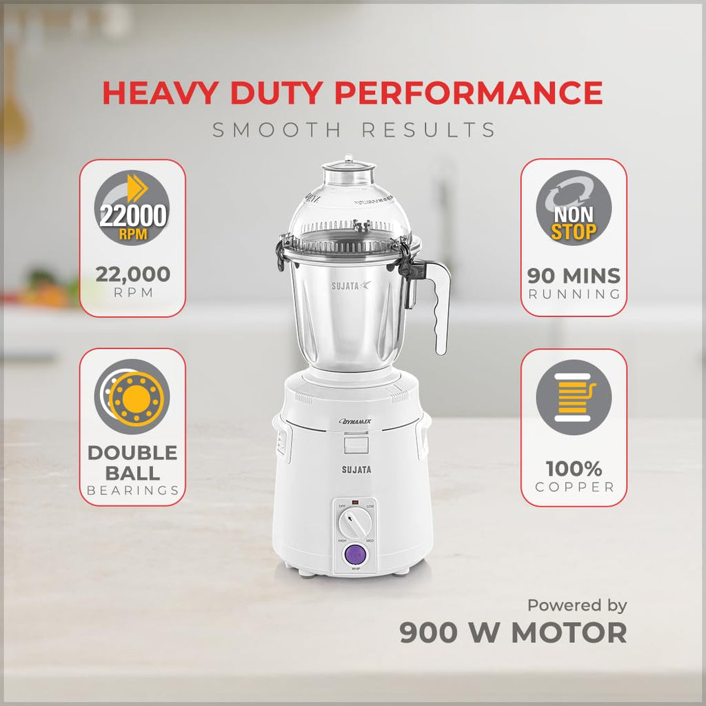 Sujata Dynamix 900 Watts Mixer Grinder 3 Versatile Jars 1500 ml, 1000 ml and 500 ml (White)