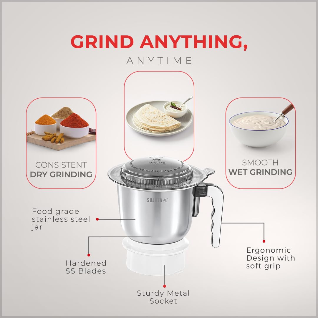 Sujata Dynamix 900 Watts Mixer Grinder 3 Versatile Jars 1500 ml, 1000 ml and 500 ml (White)