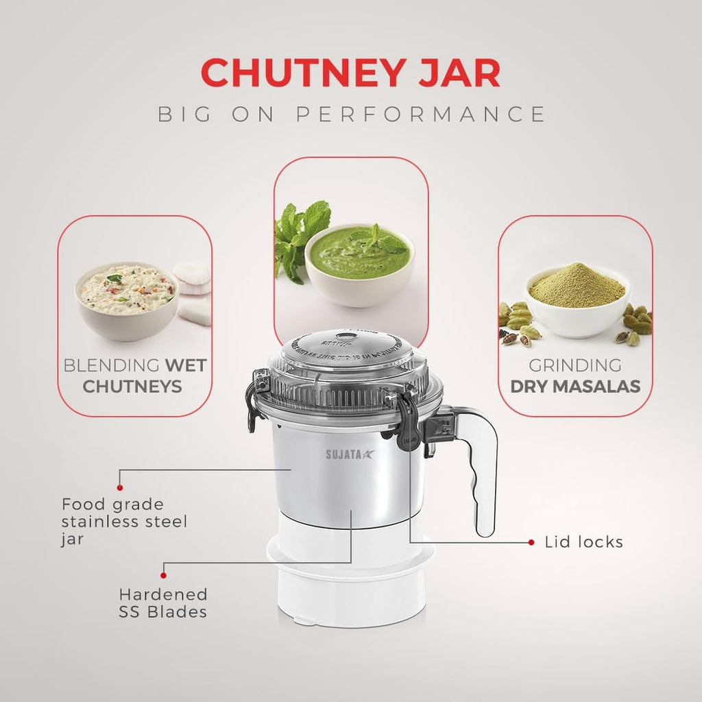 Sujata Dynamix 900 Watts Mixer Grinder 3 Versatile Jars 1500 ml, 1000 ml and 500 ml (White)