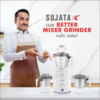 Sujata Dynamix 900 Watts Mixer Grinder 3 Versatile Jars 1500 ml, 1000 ml and 500 ml (White)
