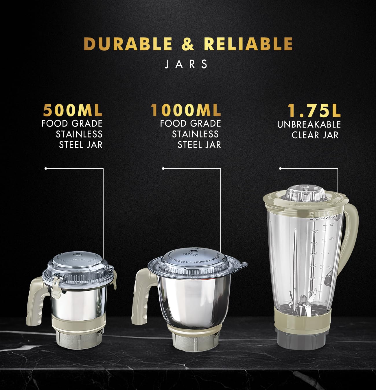 Sujata MG01 Mixer Grinder 1000Watts 3 Jars including 1750ml Blender, 1000ml Grinder, 500ml Chutney Jar | Beige & White