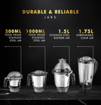 Sujata MG03 Mixer Grinder |1000 Watts 4 Jars including 1750ml Blender with Coconut Milk Extractor, 1500ml, 1000ml, 500ml Jar| Red & Black