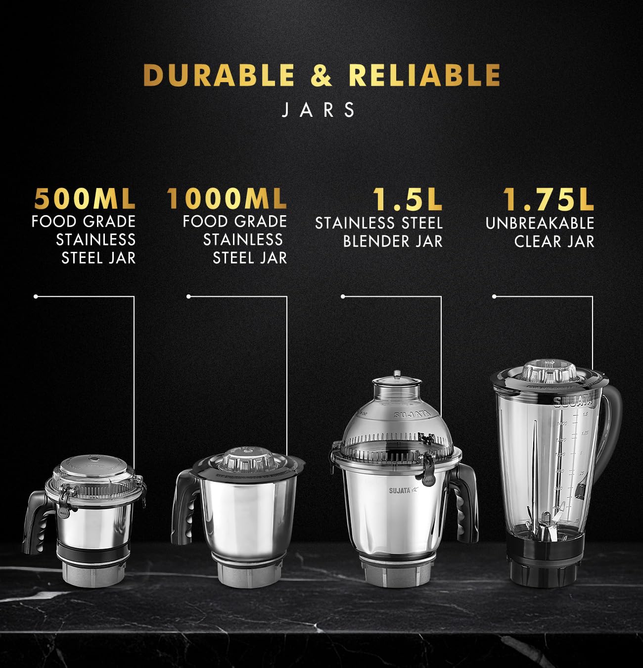 Sujata MG03 Mixer Grinder |1000 Watts 4 Jars including 1750ml Blender with Coconut Milk Extractor, 1500ml, 1000ml, 500ml Jar| Red & Black