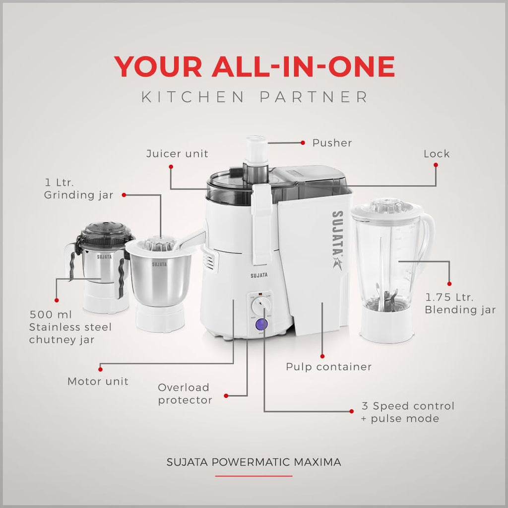 Sujata Powermatic Maxima Juicer Mixer Grinder|900 Watts