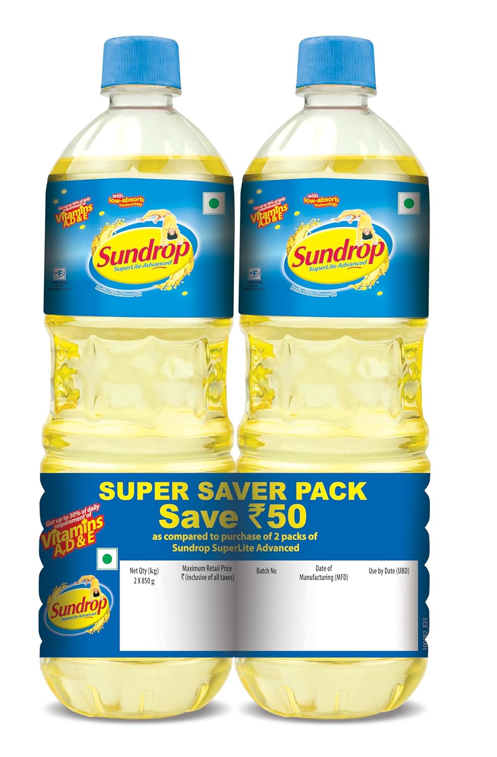 Sundrop Superlite Advanced Sunflower Oil, 1700g (850g -Pack of 2, Super Saver Pack)