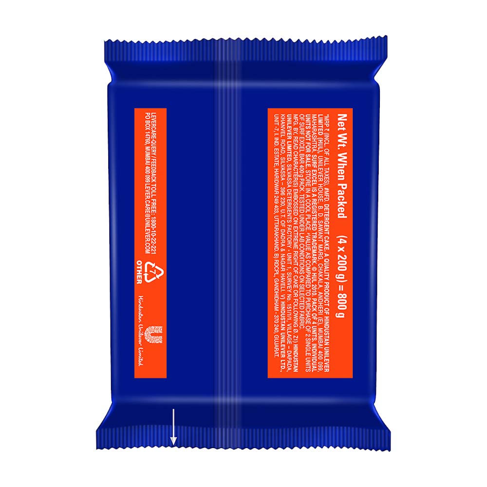 Surf Excel Detergent Bar - 800 g (Pack of 4 x 200 g)