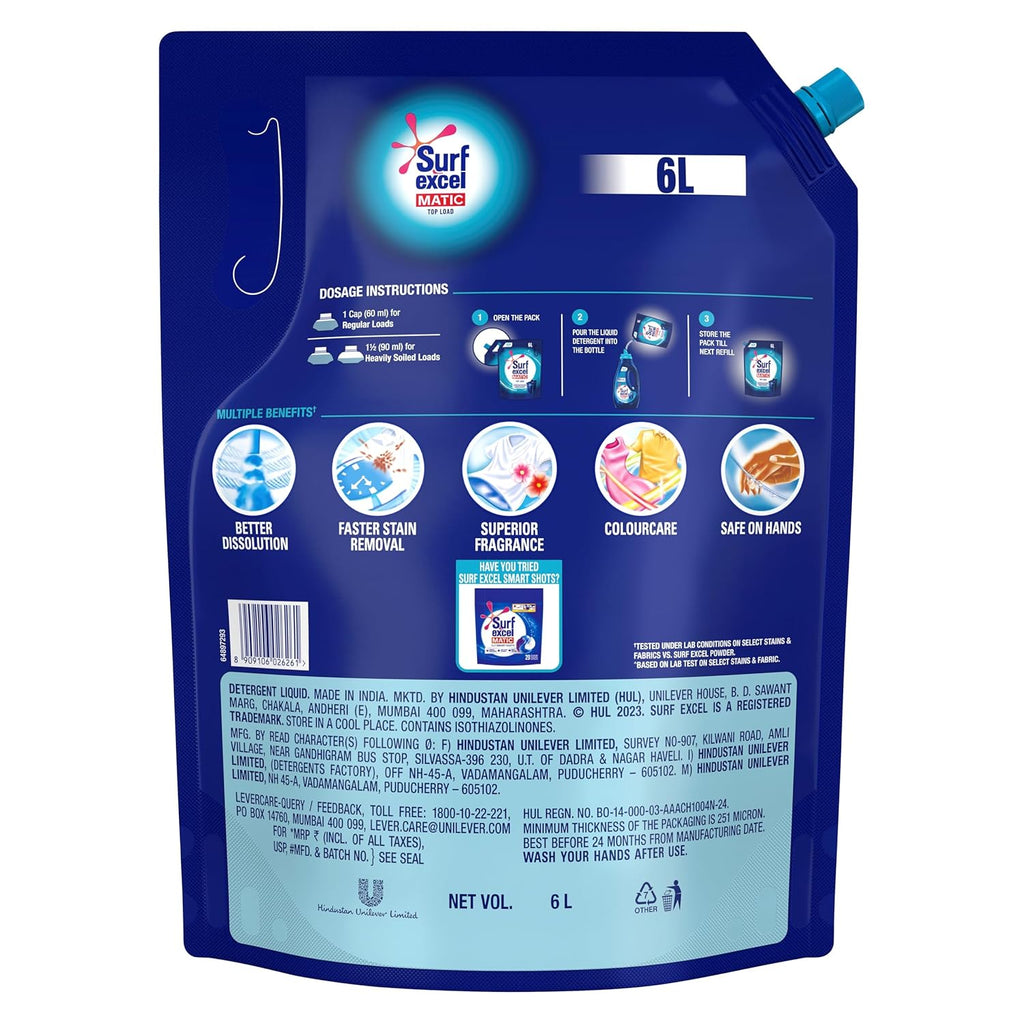 Surf Excel Matic Top Load Liquid Detergent - 6 ltr