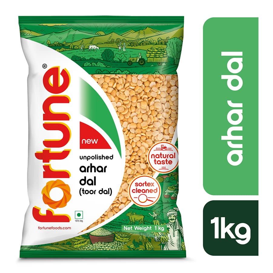Fortune Arhar Dal (Toor Dal), 1 kg, Unpolished and Sortex cleaned (Pack of 2)