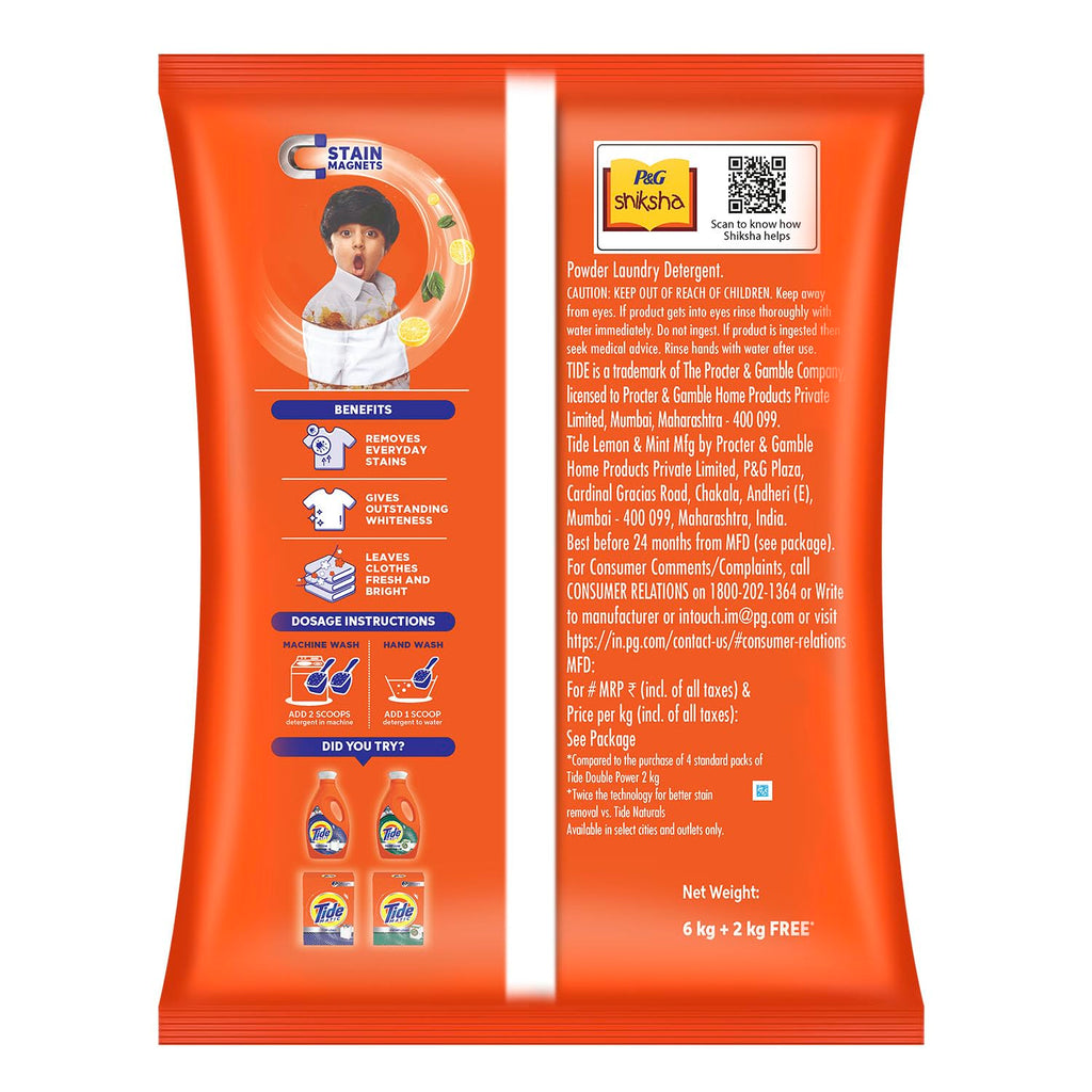 Tide Plus Double Power Detergent Washing Powder Lemon & Mint 6kg + 2kg FREE (Pack of 2)