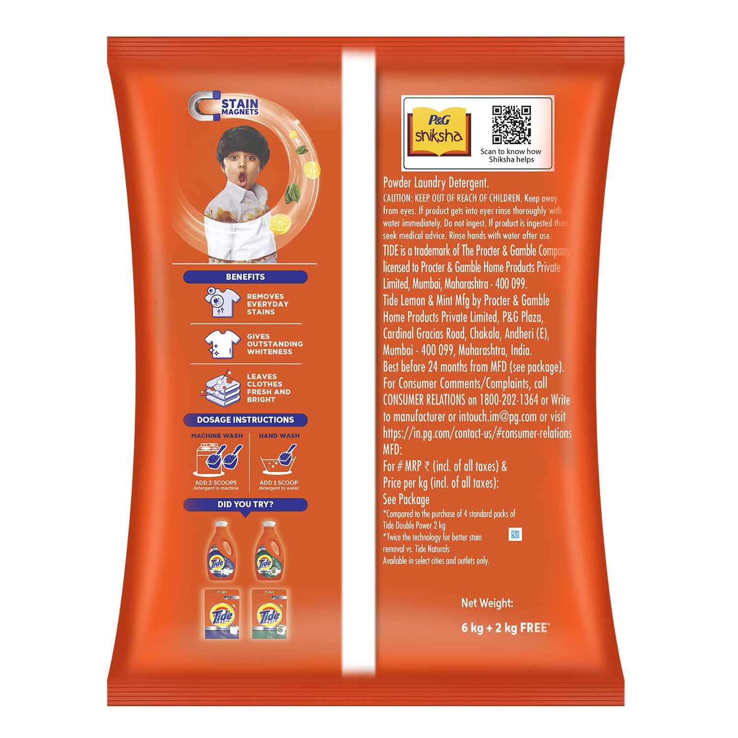 Tide Plus Double Power Detergent Washing Powder Lemon & Mint 6kg + 2kg FREE (Pack of 2)
