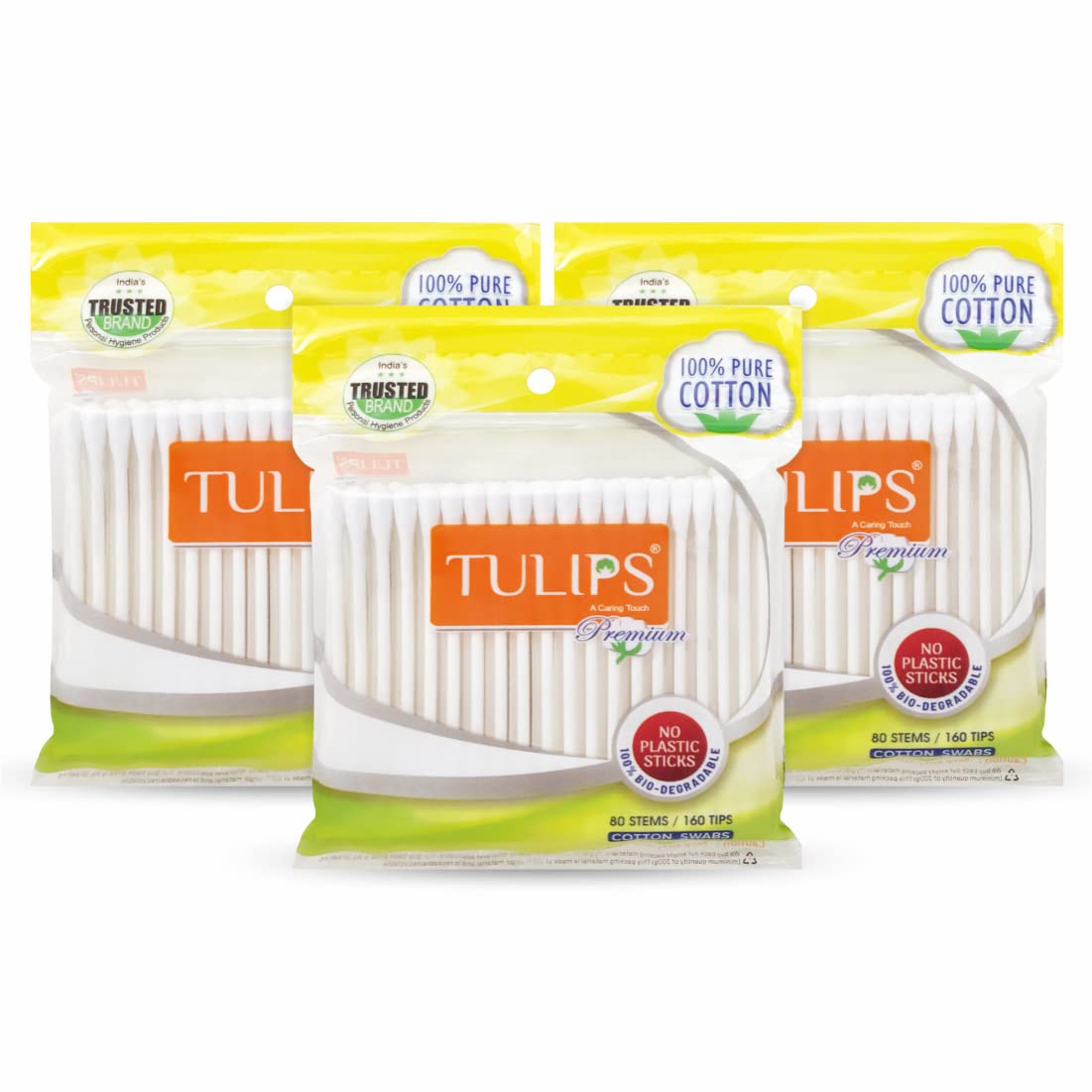 TULIPS Premium Cotton Ear Buds/Swabs with white PAPER Sticks 80 Stick (Pack of 3)