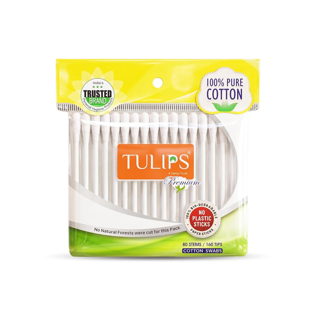 TULIPS Premium Cotton Ear Buds/Swabs with white PAPER Sticks 80 Stick (Pack of 3)