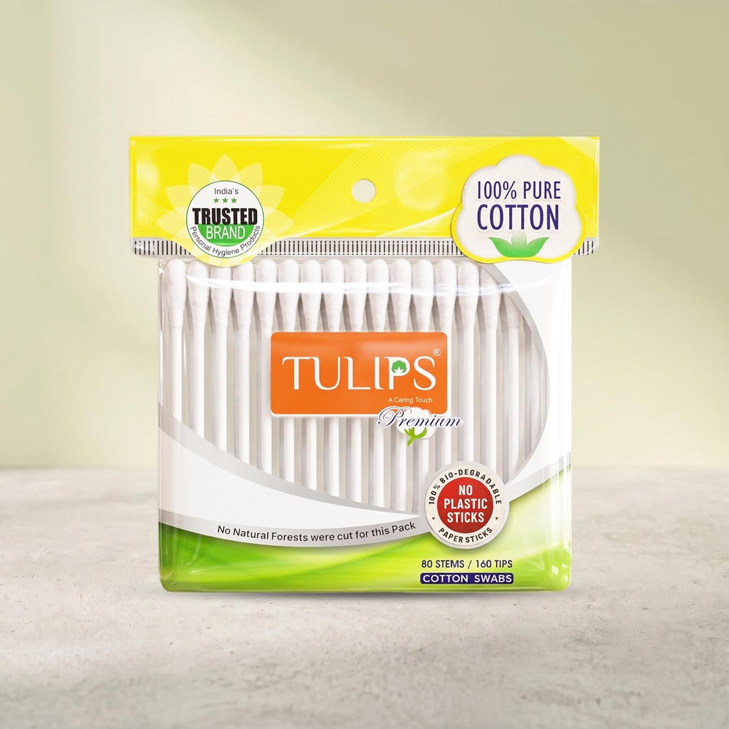 TULIPS Premium Cotton Ear Buds/Swabs with white PAPER Sticks 80 Stick (Pack of 3)